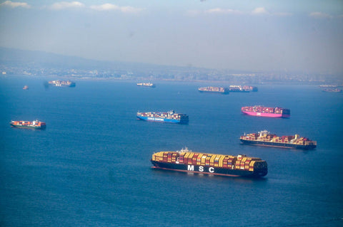 Container ships waiting off Port of Los Angeles