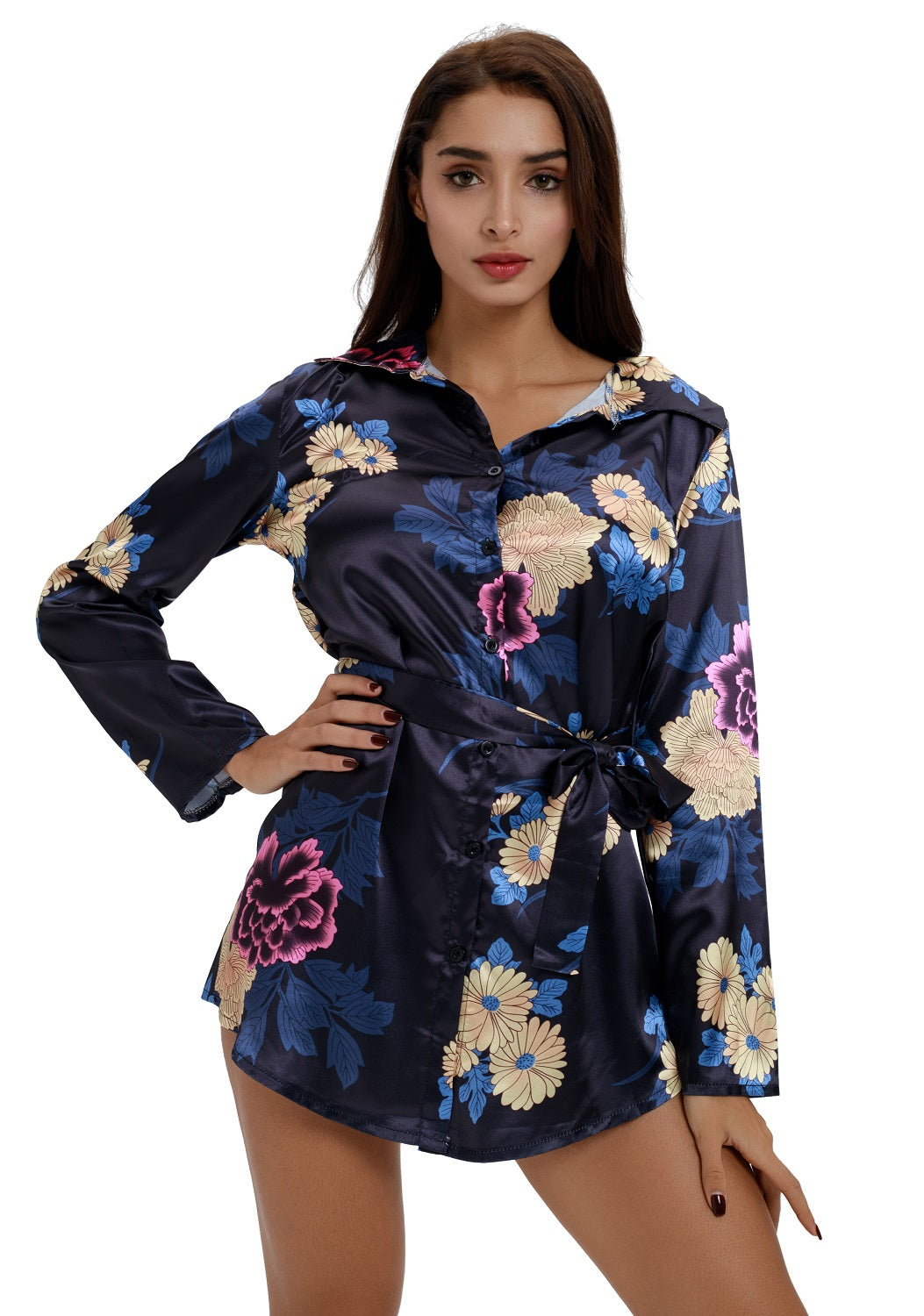 floral satin shirt dress