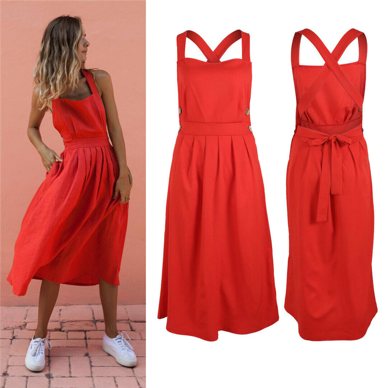 red backless midi dress