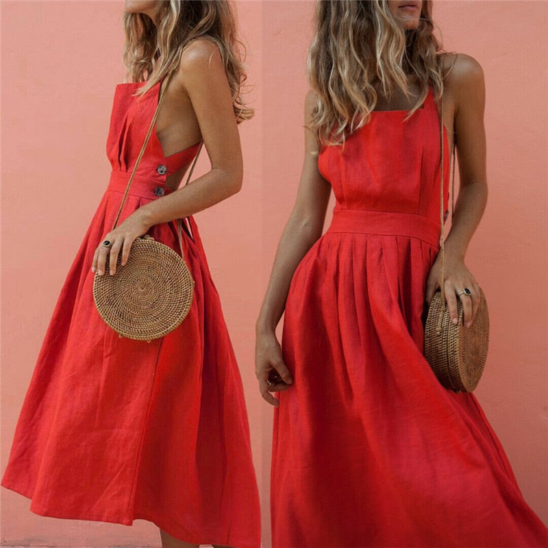 Hot Women Summer Red Dress Vintage Vestidos Boho Strappy Backless Midi Glvova