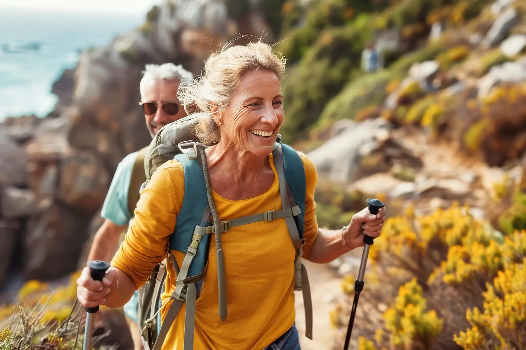 Smiling older couple hikes along a scenic coastal trail with trekking poles and backpacks.