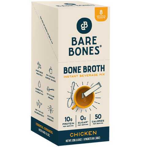 bare bones instant chicken bone broth 8ct display caddy closed. flavor:Chicken