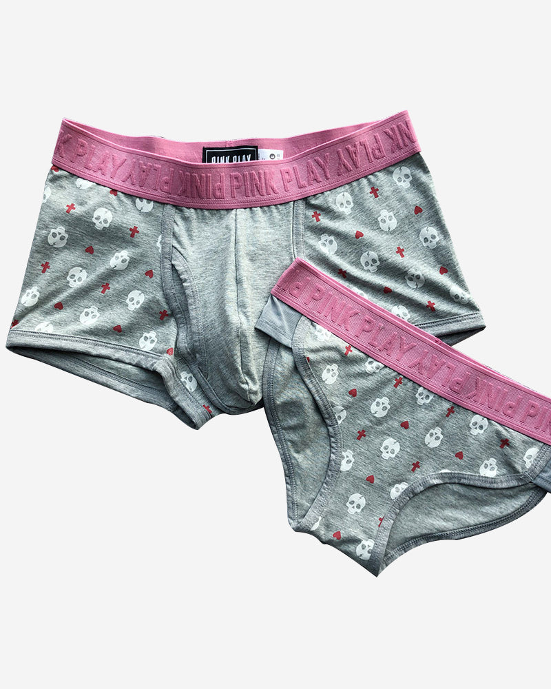 Grey Skull Cotton Couple Underwear-His & Her Matching Apparel-Pinklouds