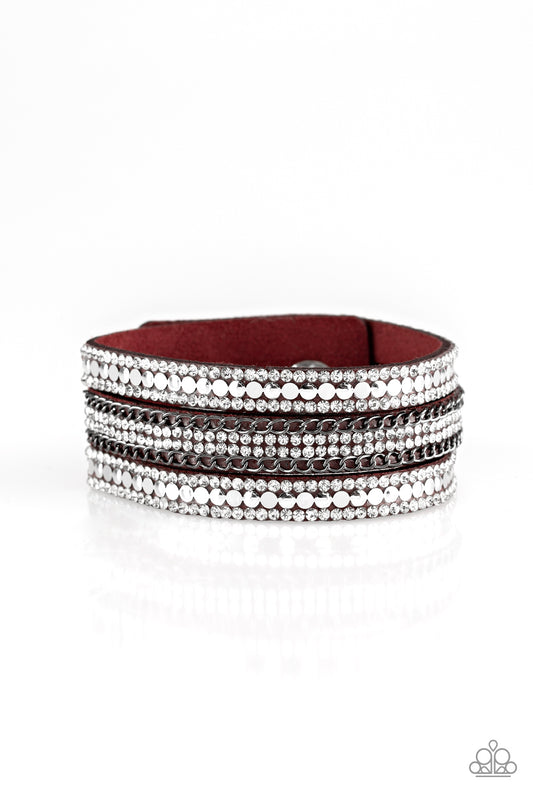 Fashion Fanatic Red Wrap Bracelet - Paparazzi Accessories  Rows of flat silver discs, glassy white rhinestones, and shimmery gunmetal chains are encrusted along red suede bands for a sassy look. Features an adjustable snap closure.  Sold as one individual bracelet.