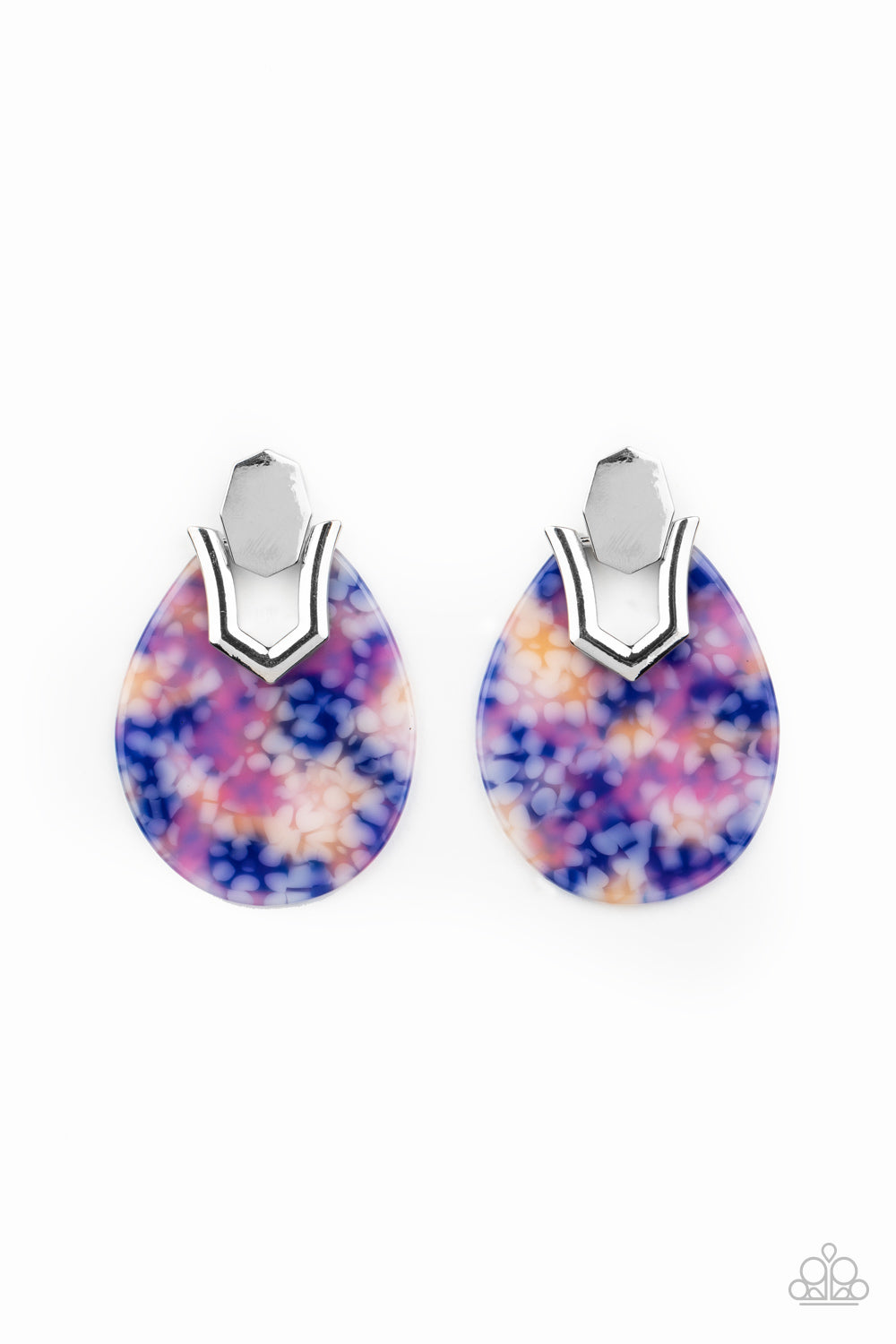 HAUTE Flash Blue Earring - Paparazzi Accessories Speckled in a colorful watercolor pattern, a teardrop acrylic frame fastens to a shiny silver fitting for a trendy retro look. Earring attaches to a standard post fitting.  ﻿All Paparazzi Accessories are lead free and nickel free!  Sold as one pair of post earrings.