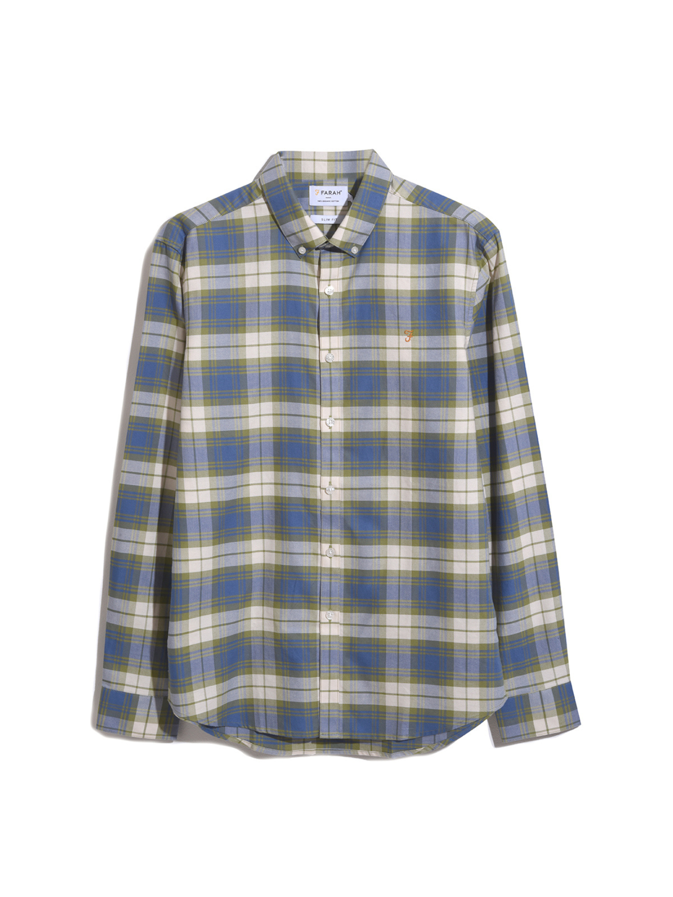 View Farah Brewer Slim Fit Check Organic Cotton Long Sleeve Shirt In Sheaf Blue Blue Mens information