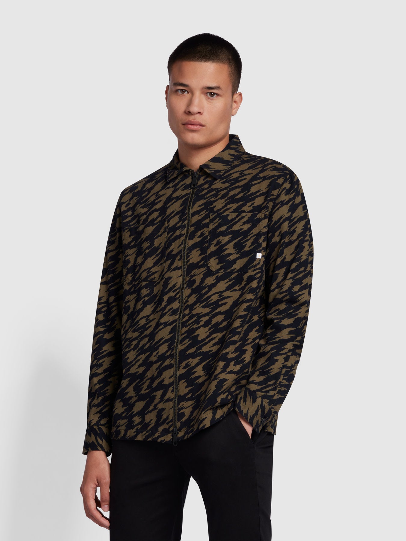 View Spiga Relaxed Fit Zipped Print Shirt In Olive Green information
