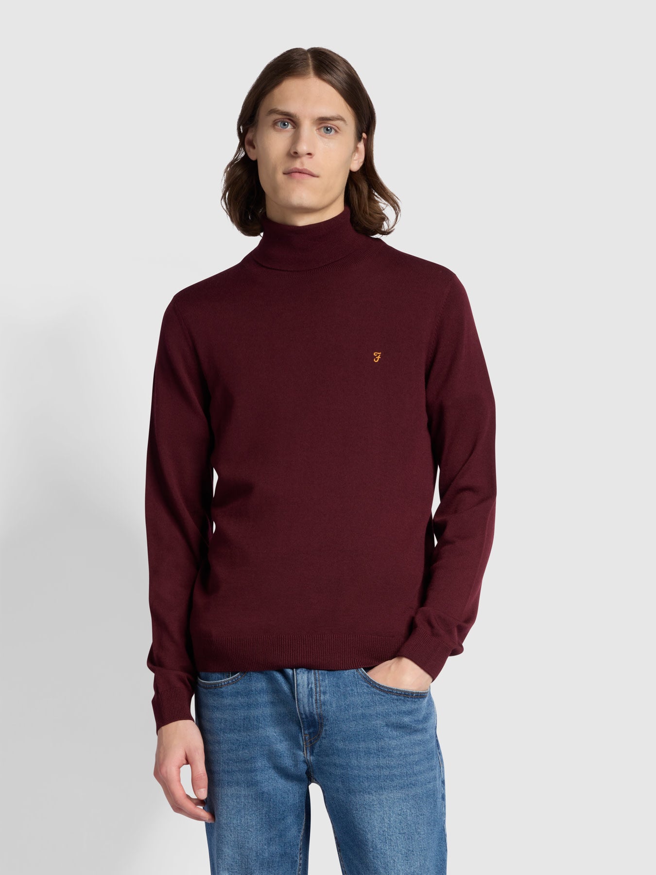 View Gosforth Merino Wool Roll Neck Sweater In Farah Red information