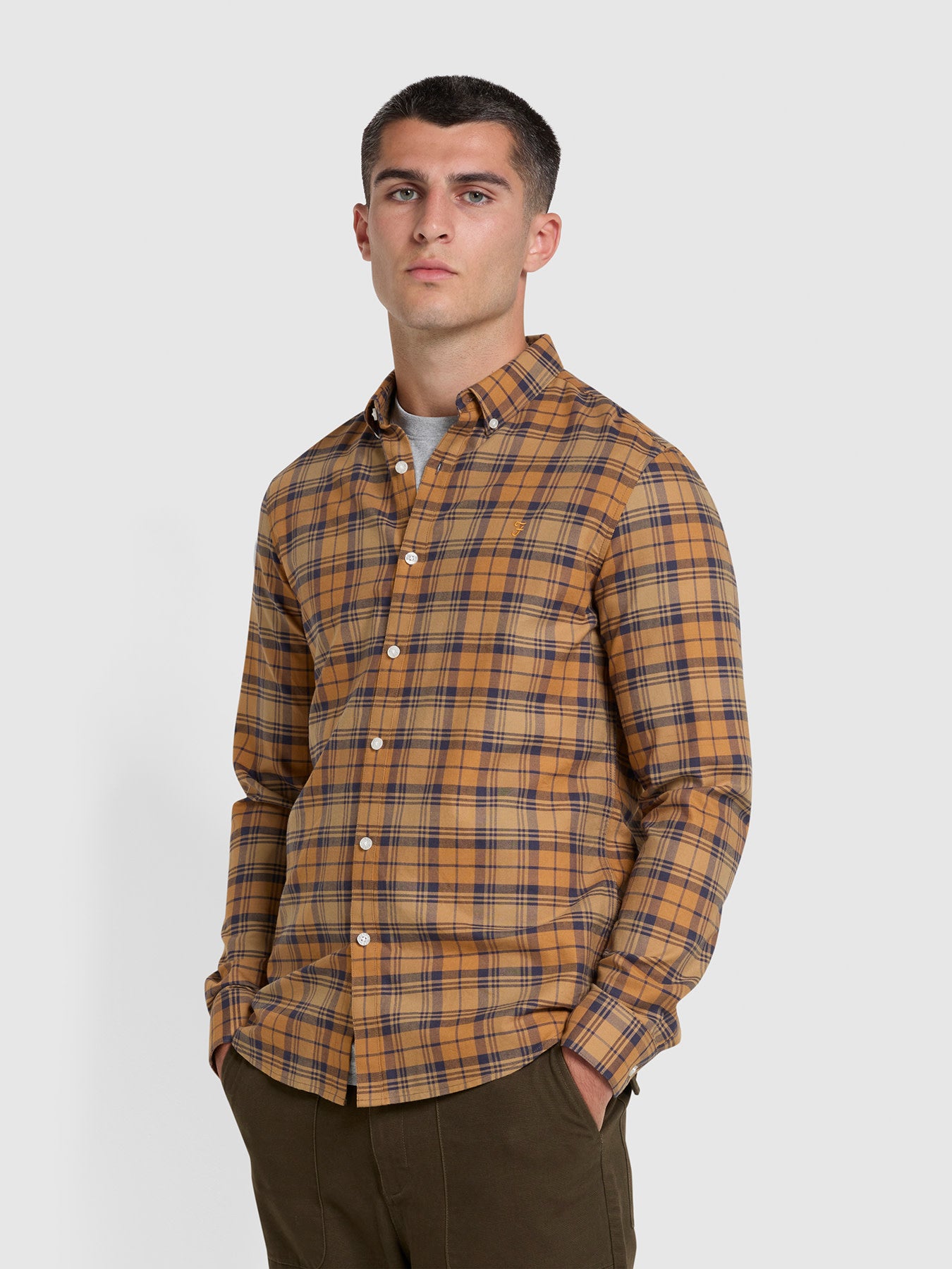 View Brewer Check Slim Fit Organic Cotton Long Sleeve Shirt In Dark Chestnu information