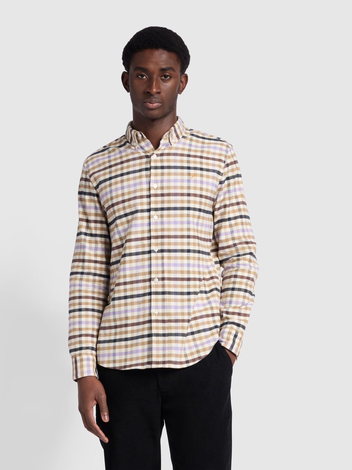 View Chambers Casual Fit Long Sleeve Check Shirt In Cream information