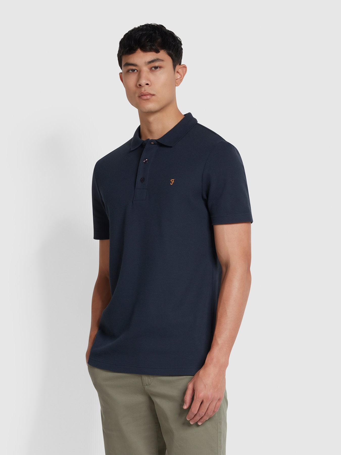 View Farah Forster Textured Polo Shirt In Indigo Pink Mens information