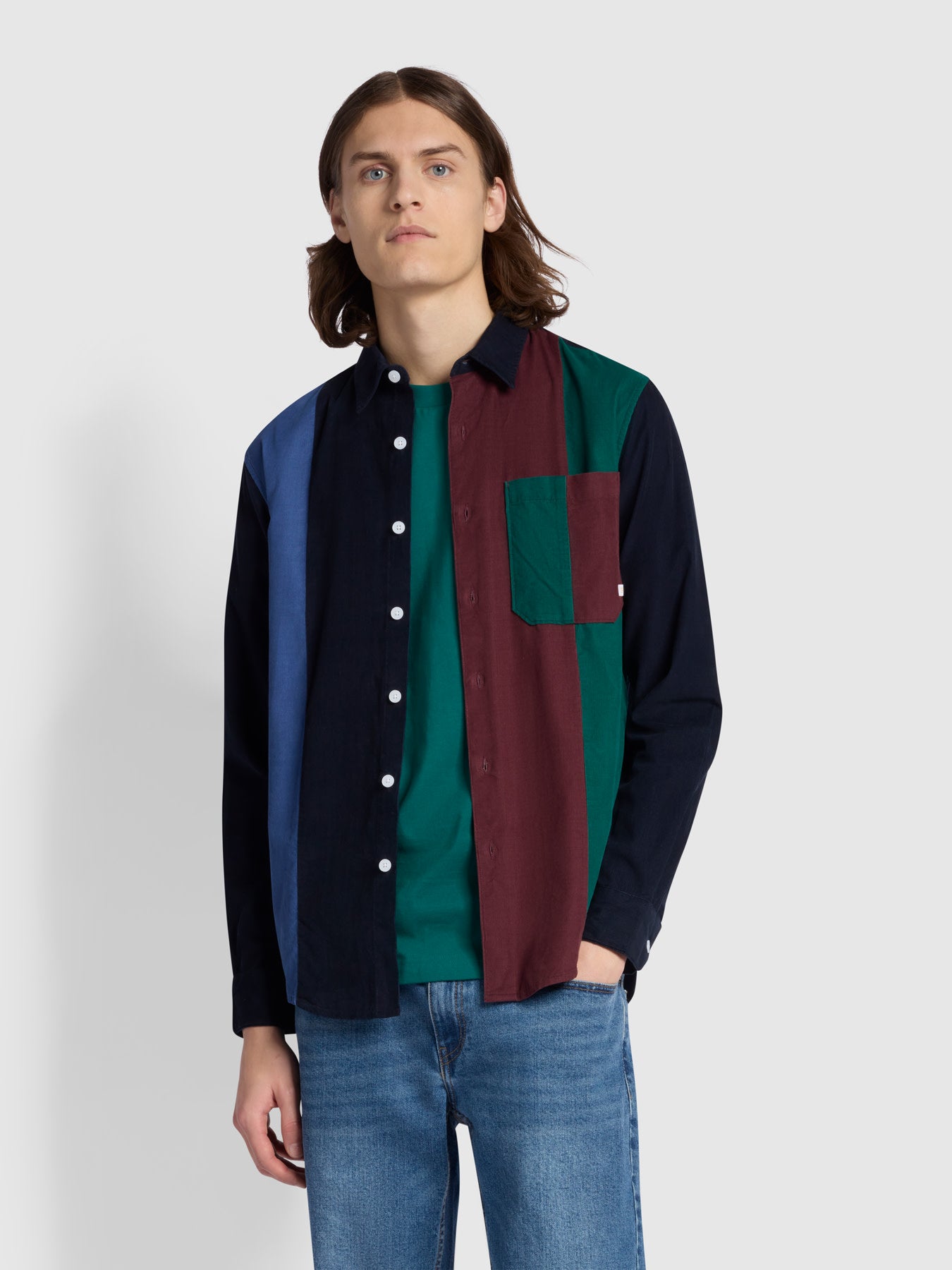 View Panino Casual Fit Long Sleeve Corduroy Patchwork Shirt In True Navy information