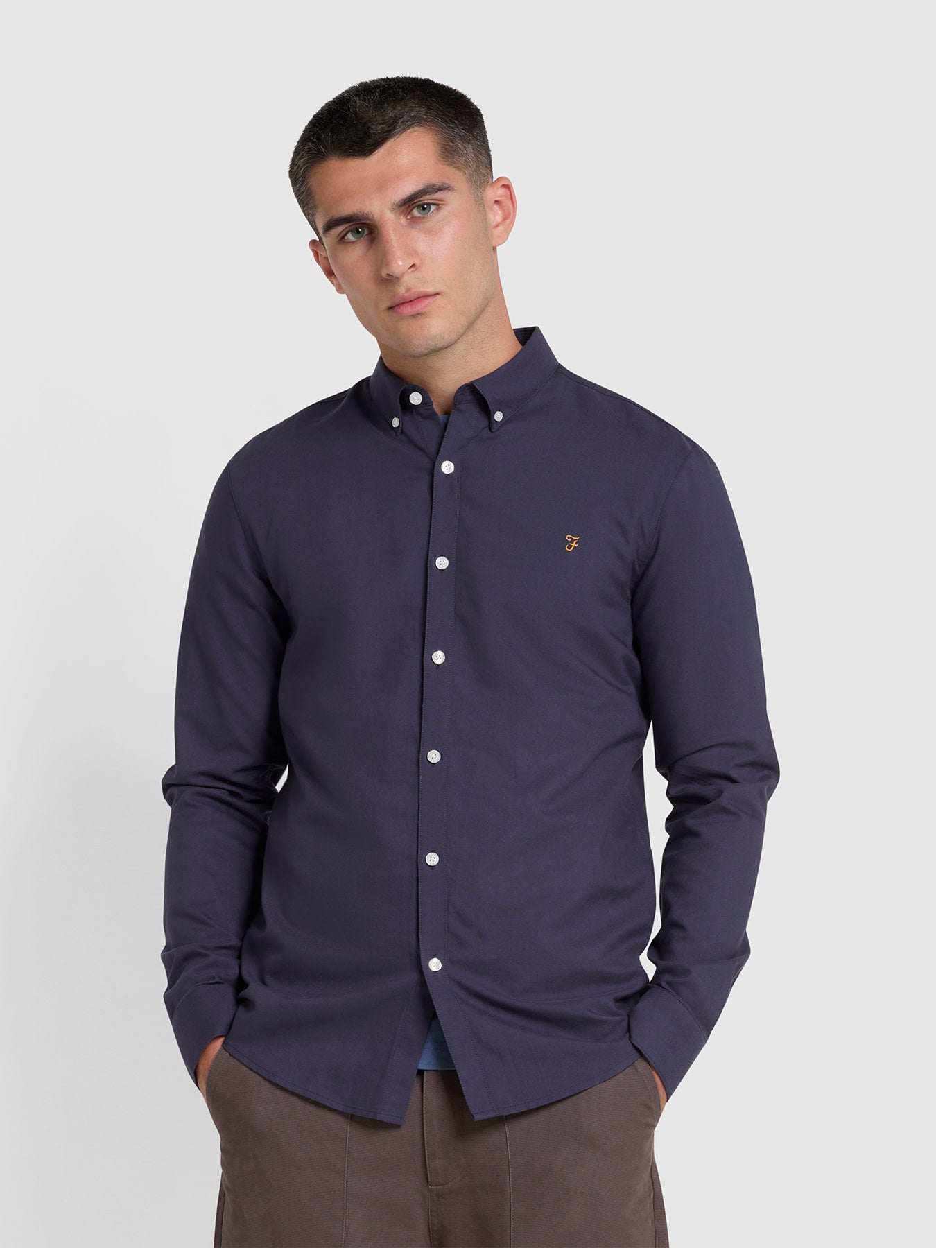 View Brewer Slim Fit Organic Cotton Long Sleeve Shirt In Liquorice Blue information