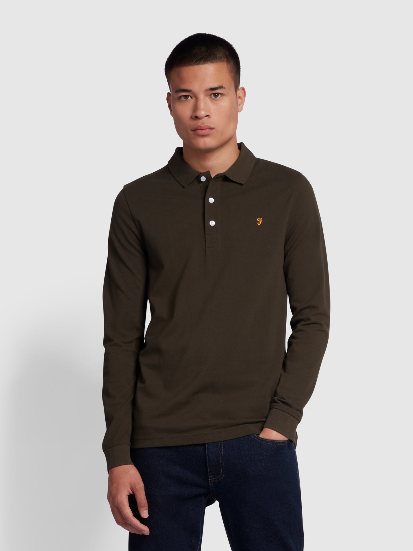 View Farah Blanes Organic Cotton Long Sleeve Polo Shirt In Evergreen Green Mens information