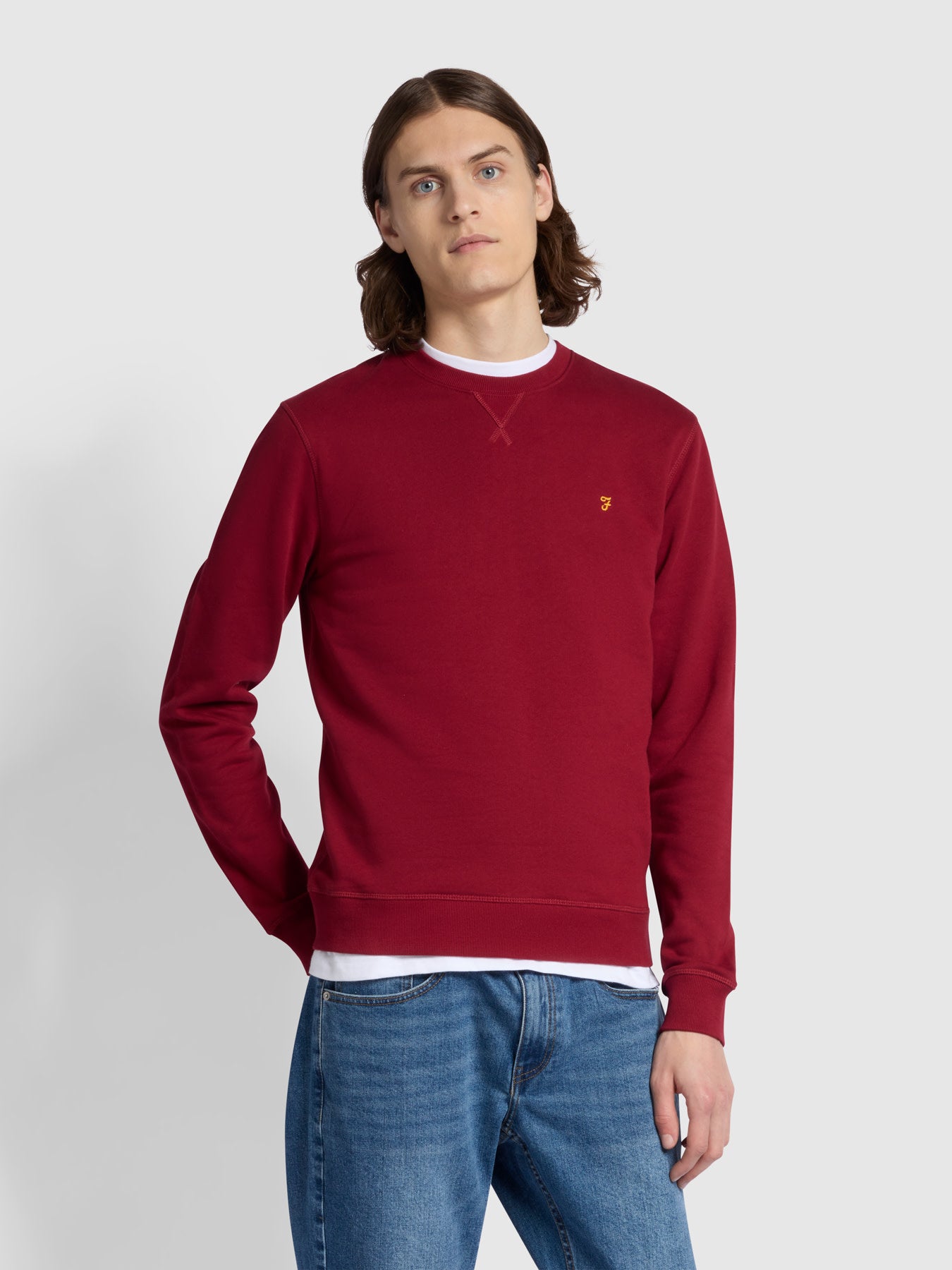 View Farah Tim Slim Fit Crew Neck Sweatshirt In Warm Red Red Mens information