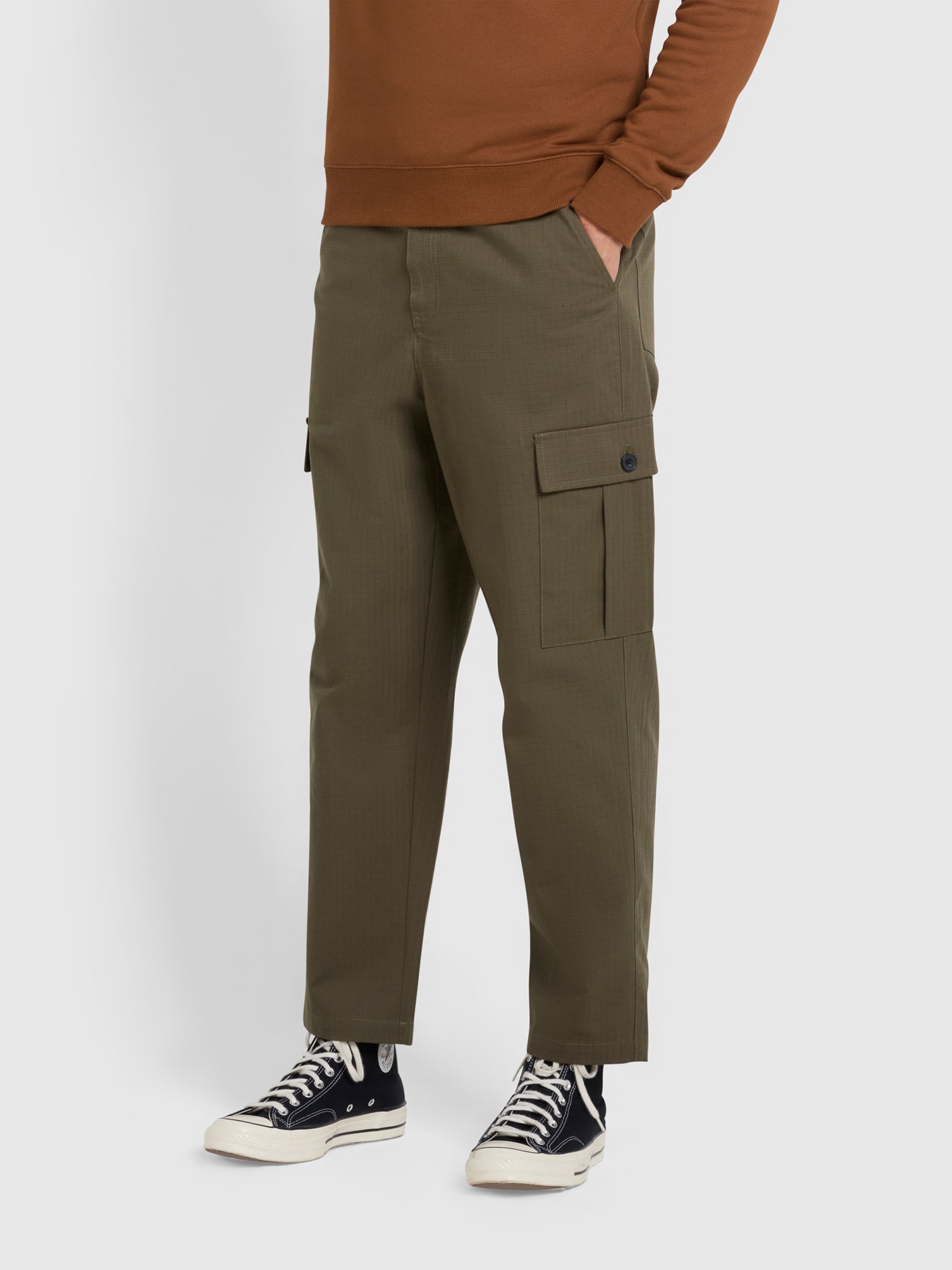 View Hawtin Relaxed Tapered Fit Cargo Trousers In Olive Green information