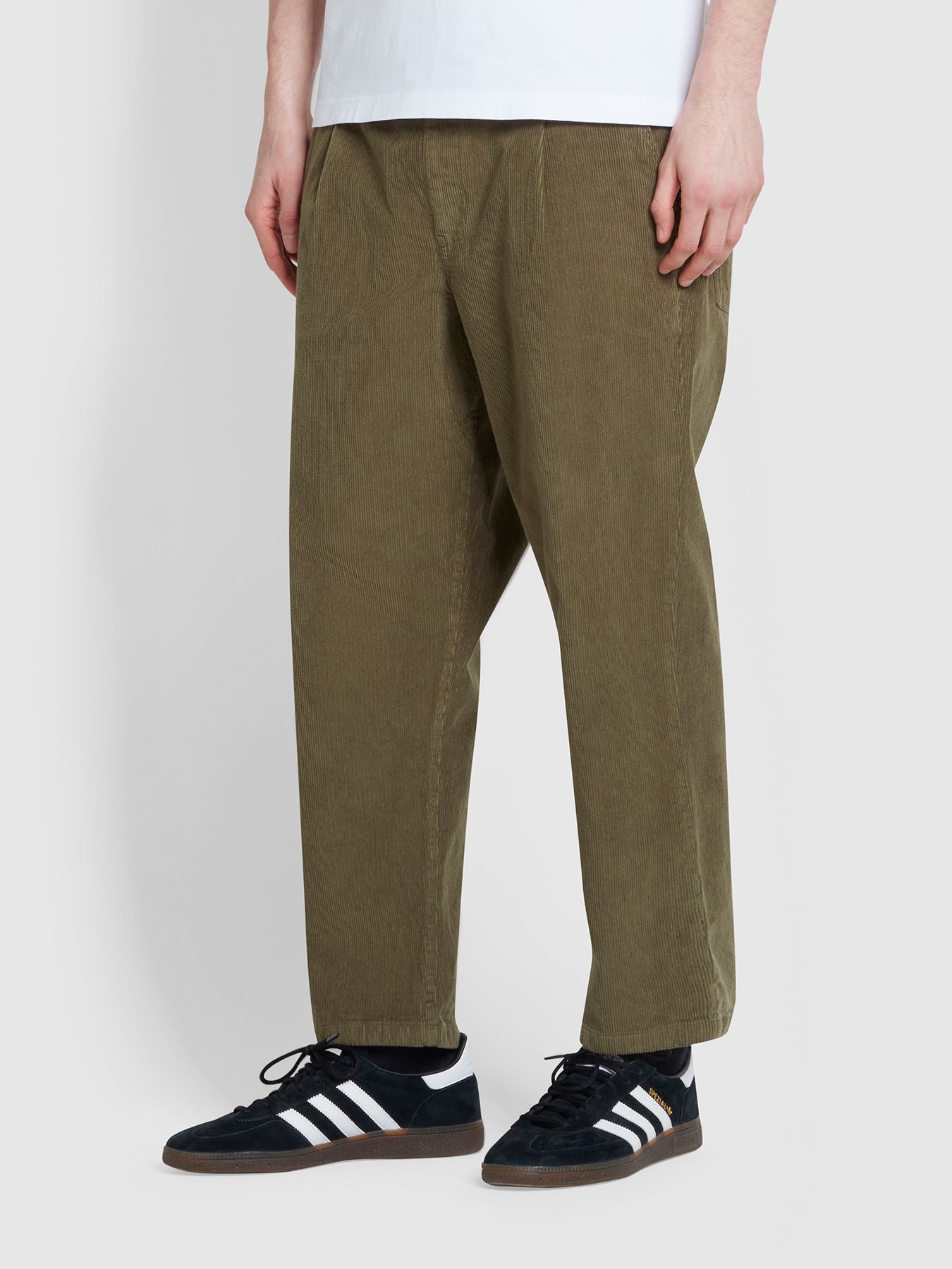 View Hawtin Tapered Fit Drawstring Cord Trousers In Olive Green information