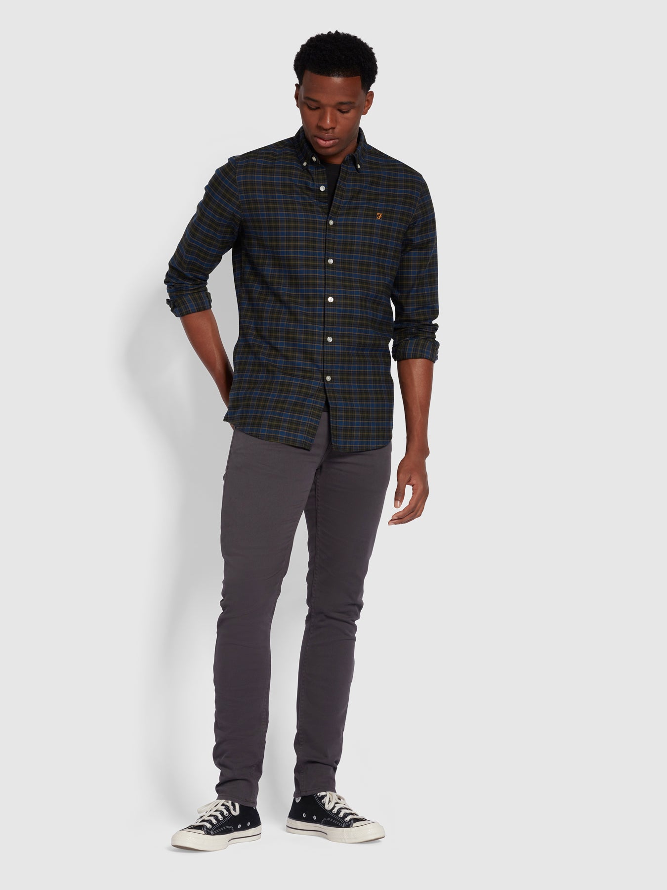 View Drake Skinny Fit Cotton Twill Trousers In Charcoal information