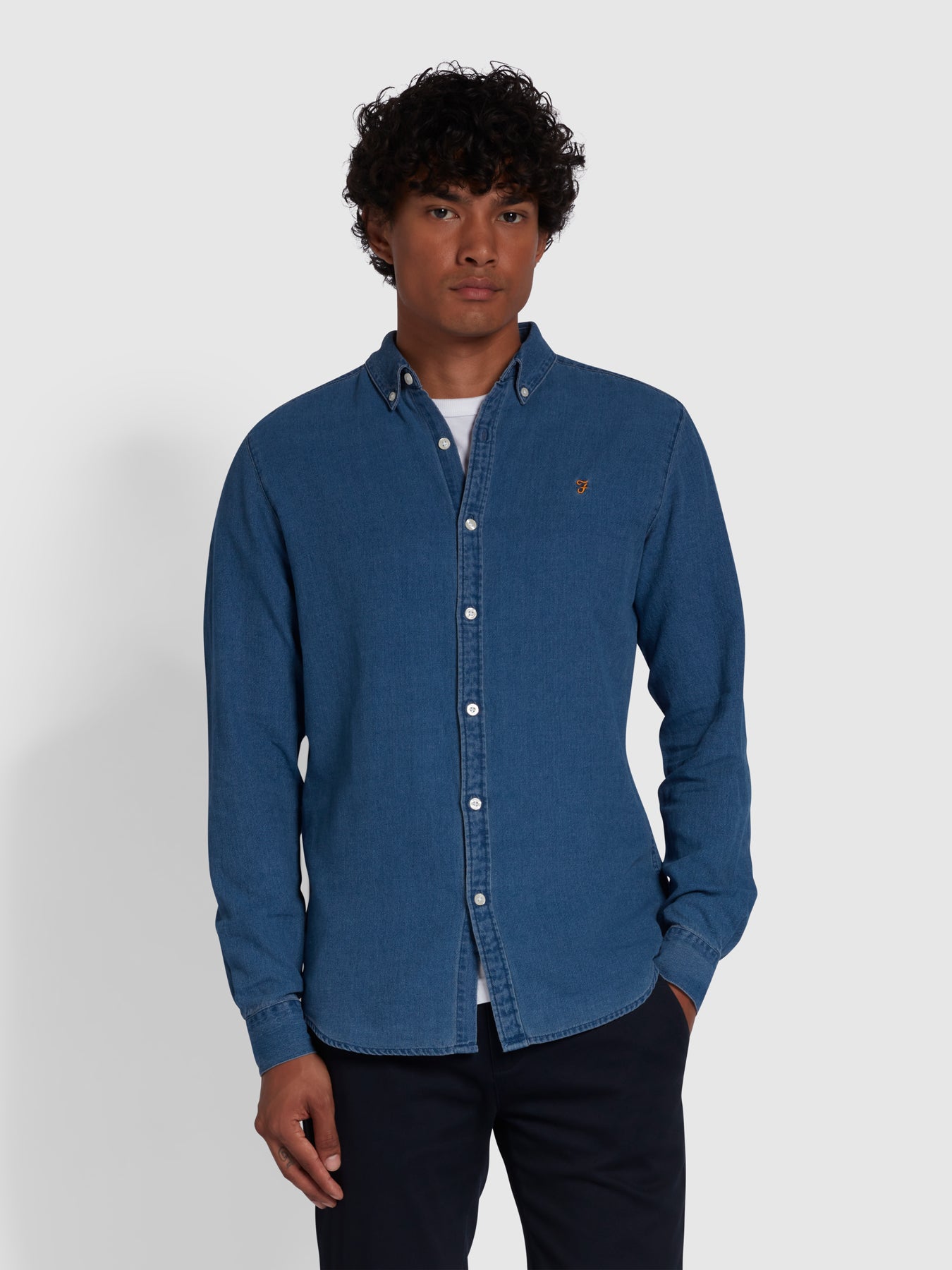 View Brewer Slim Fit Organic Cotton Indigo Oxford Shirt In Stone Wash information