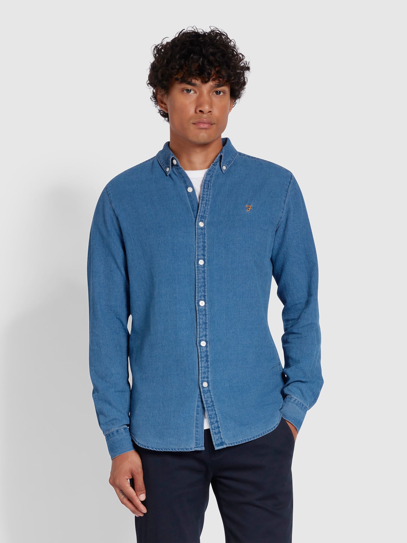 View Brewer Slim Fit Organic Cotton Denim Shirt In Stone Wash information