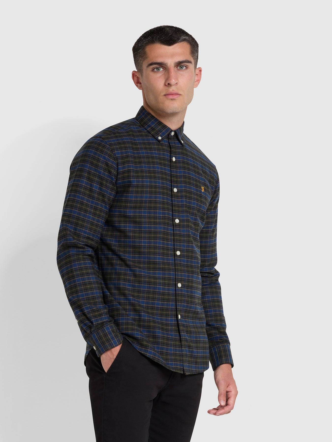 View Fraser Slim Fit Button Down Check Organic Cotton Shirt In Evergreen information