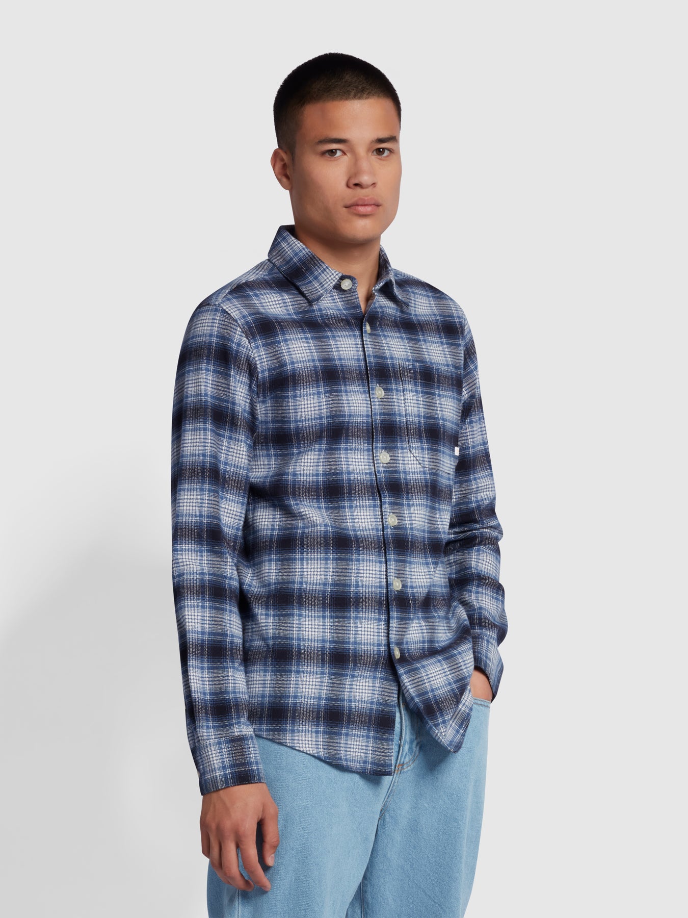 View Calabria Casual Fit Ombre Check Shirt In Steel Blue information