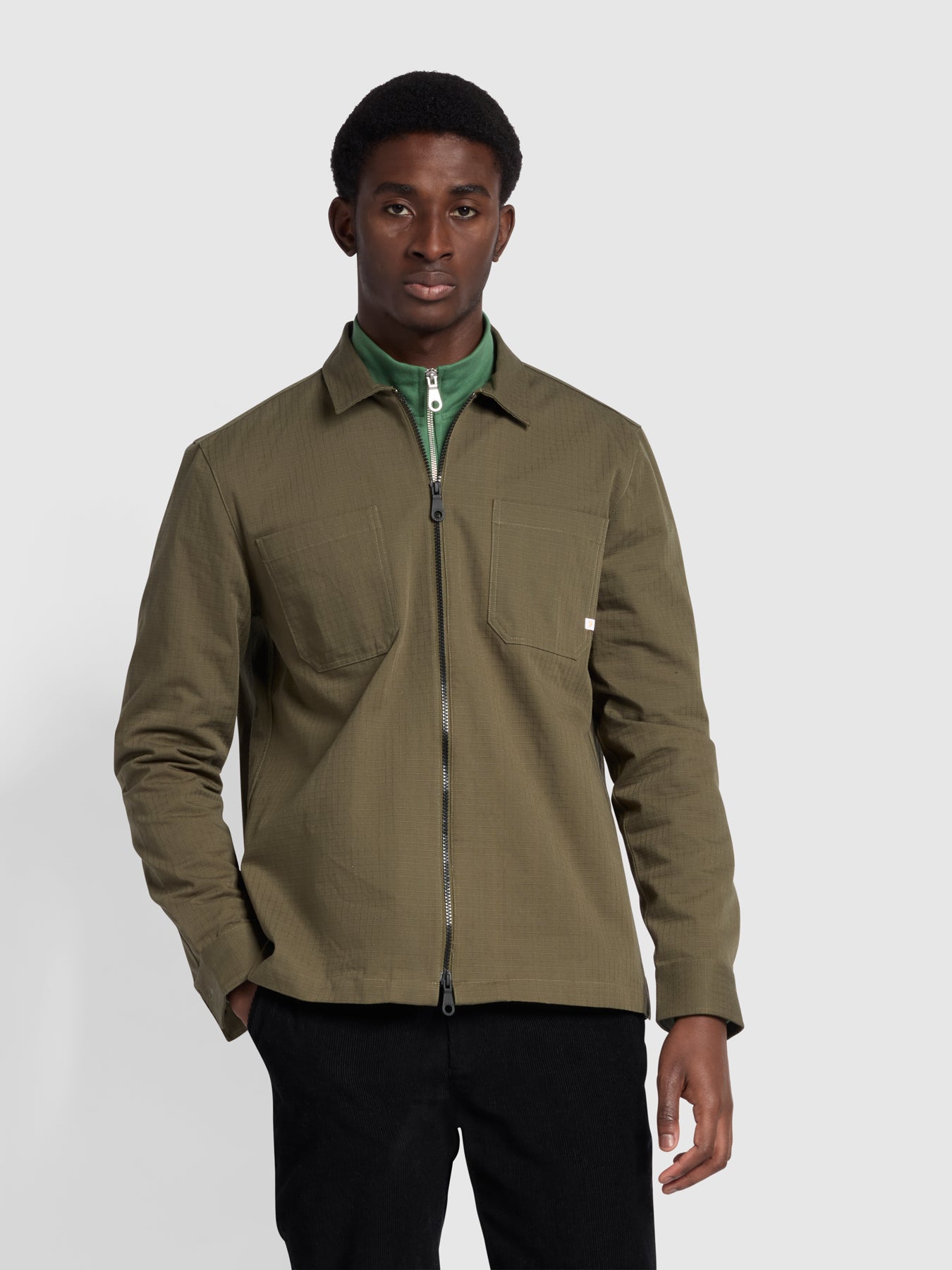 View Olmes Casual Fit Long Sleeve Zipped Overshirt In Green information