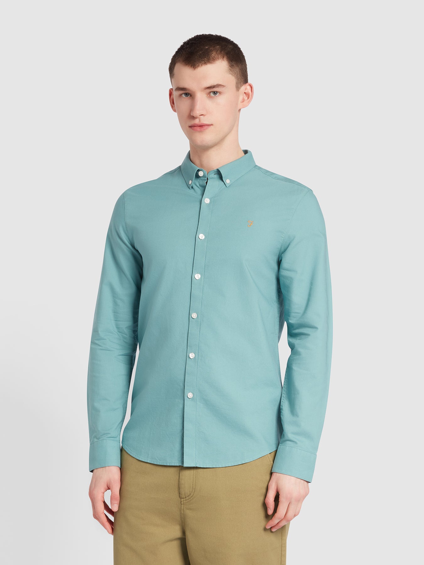 View Brewer Slim Fit Organic Cotton Long Sleeve Shirt In Brook Blue information