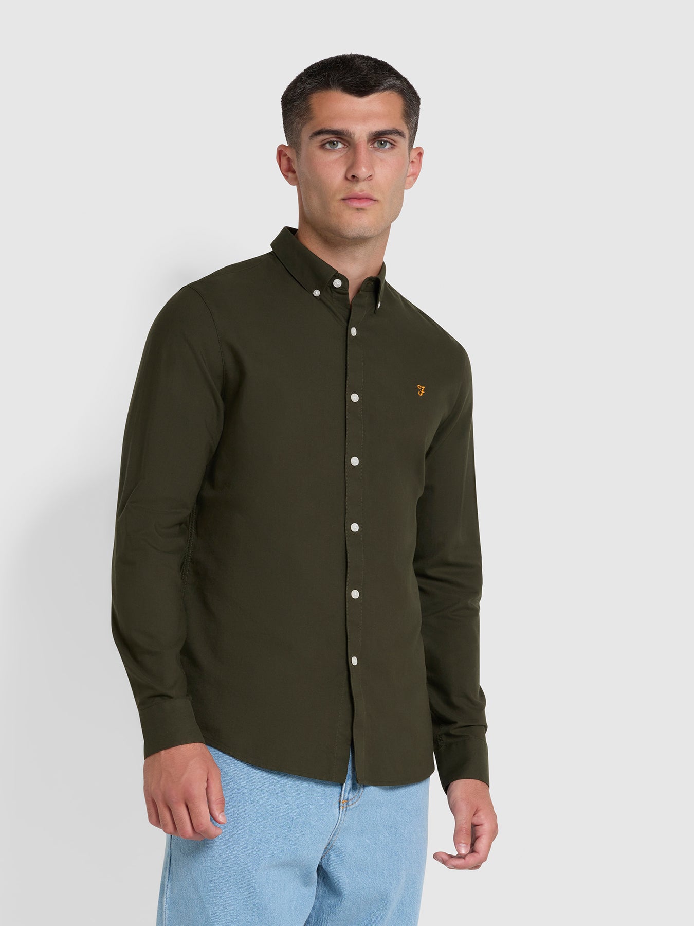 View Brewer Slim Fit Organic Cotton Oxford Shirt In Evergreen information