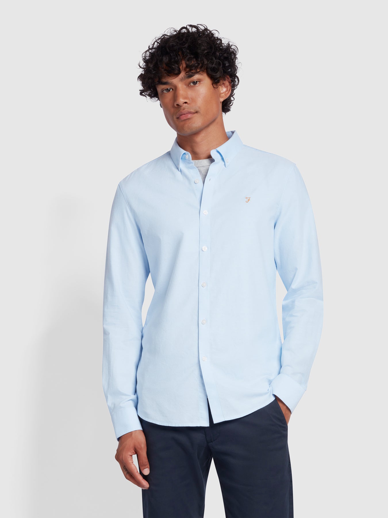 View Brewer Slim Fit Organic Cotton Oxford Shirt In Sky Blue information
