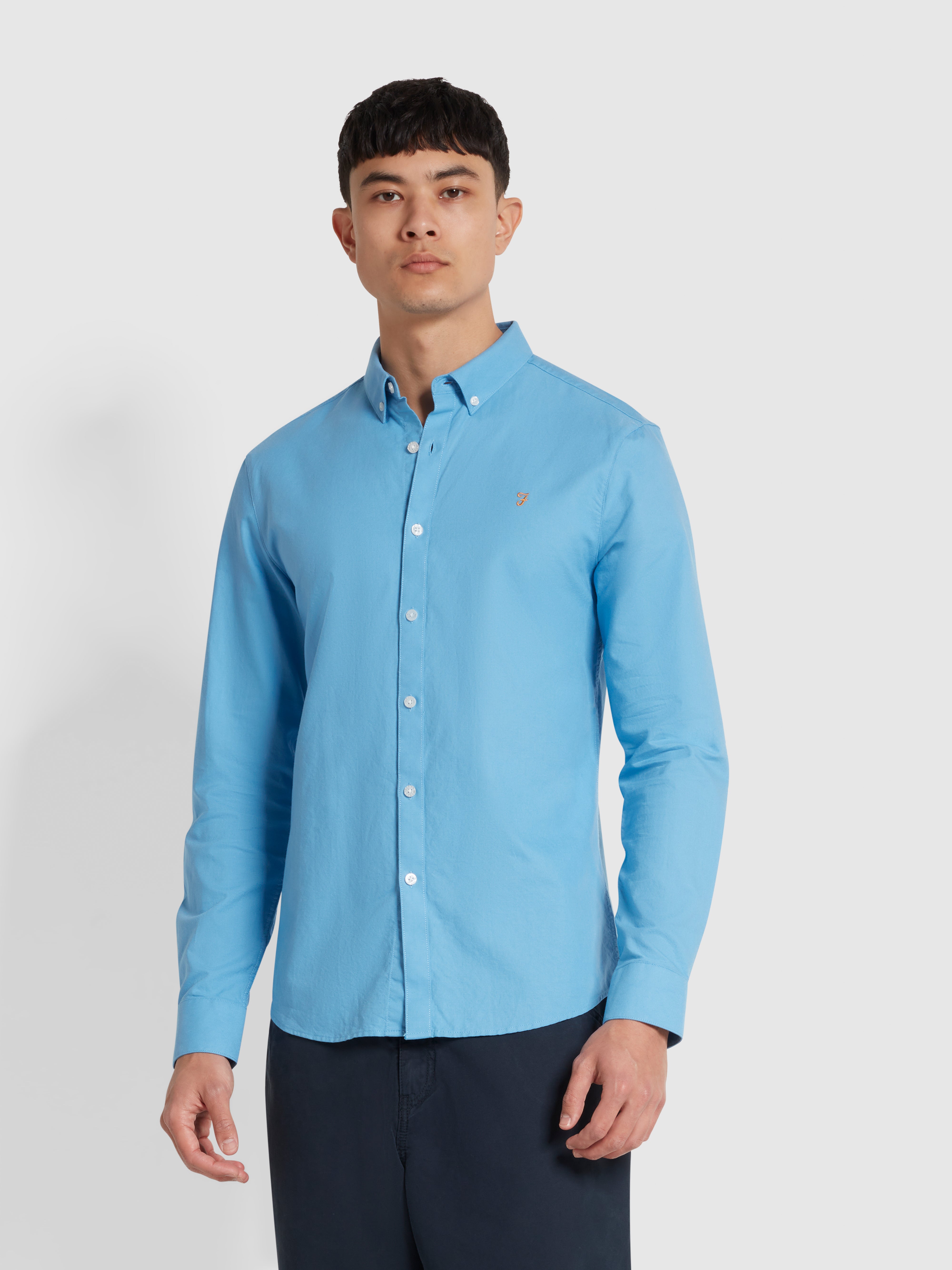 View Brewer Slim Fit Organic Cotton Long Sleeve Shirt In Arctic Blue information