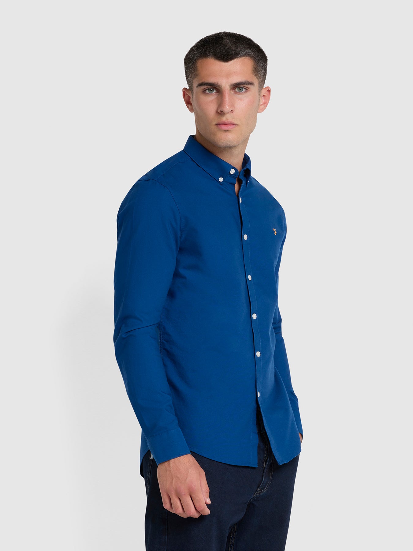 View Brewer Slim Fit Organic Cotton Oxford Shirt In Blue Peony information