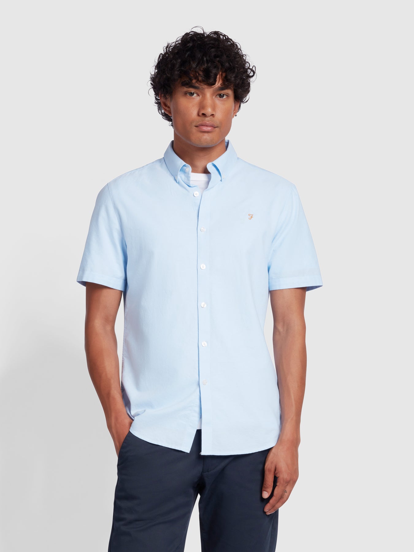 View Brewer Slim Fit Short Sleeve Organic Cotton Oxford Shirt In Sky Blue information