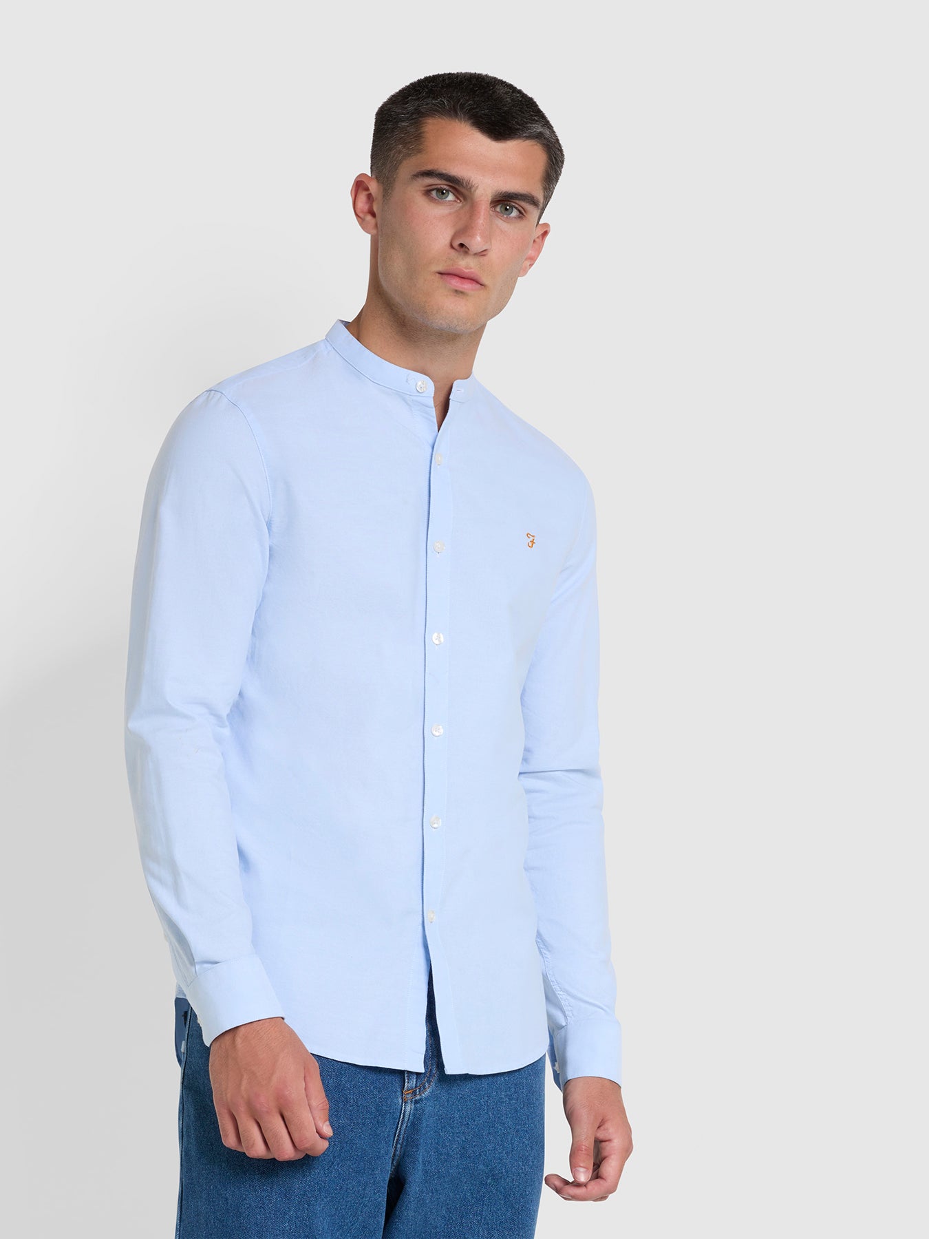 View Brewer Slim Fit Grandad Organic Cotton Oxford Shirt In Sky Blue information