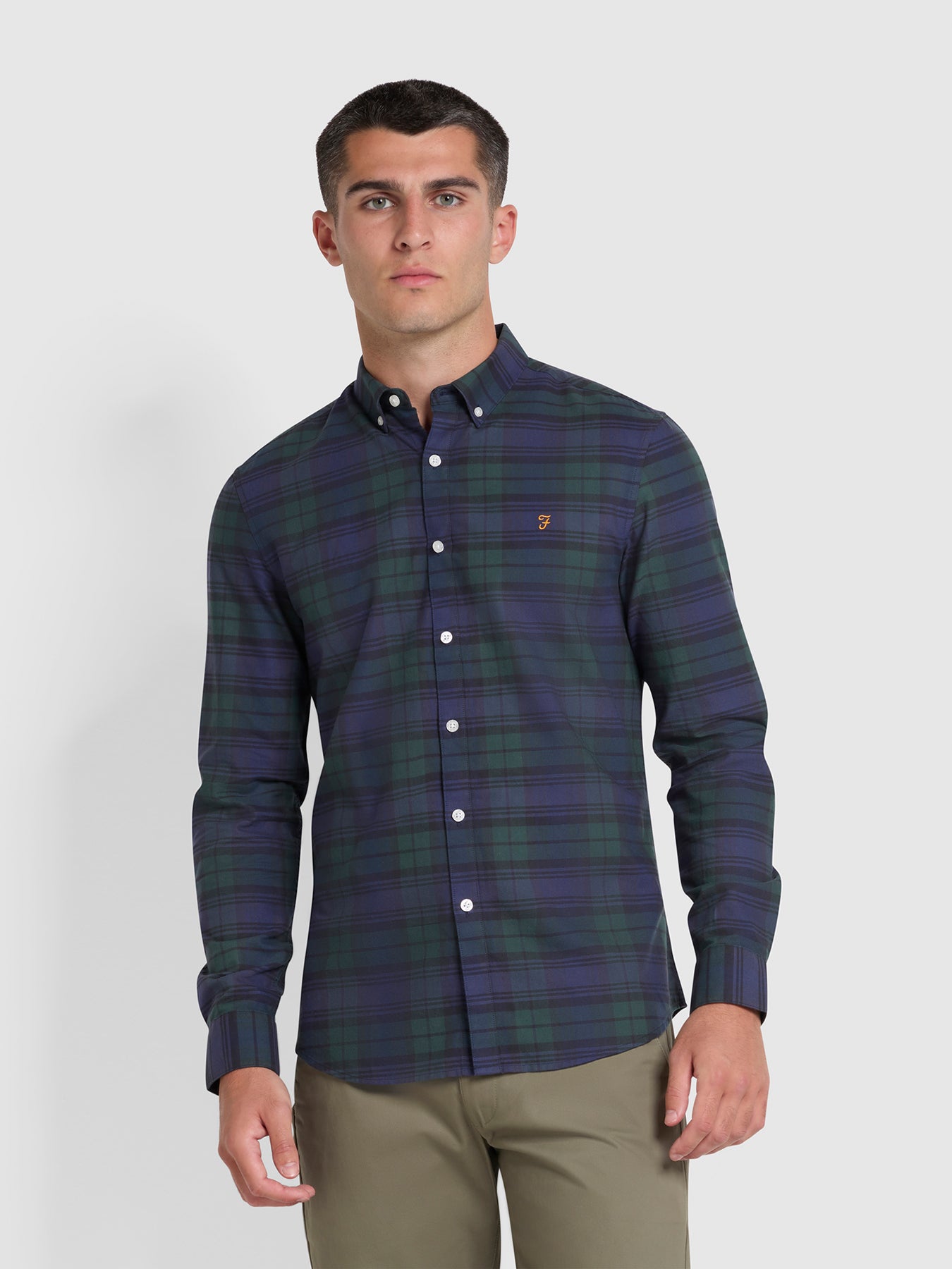 View Brewer Slim Fit Check Organic Cotton Oxford Shirt In Woodland Pine information