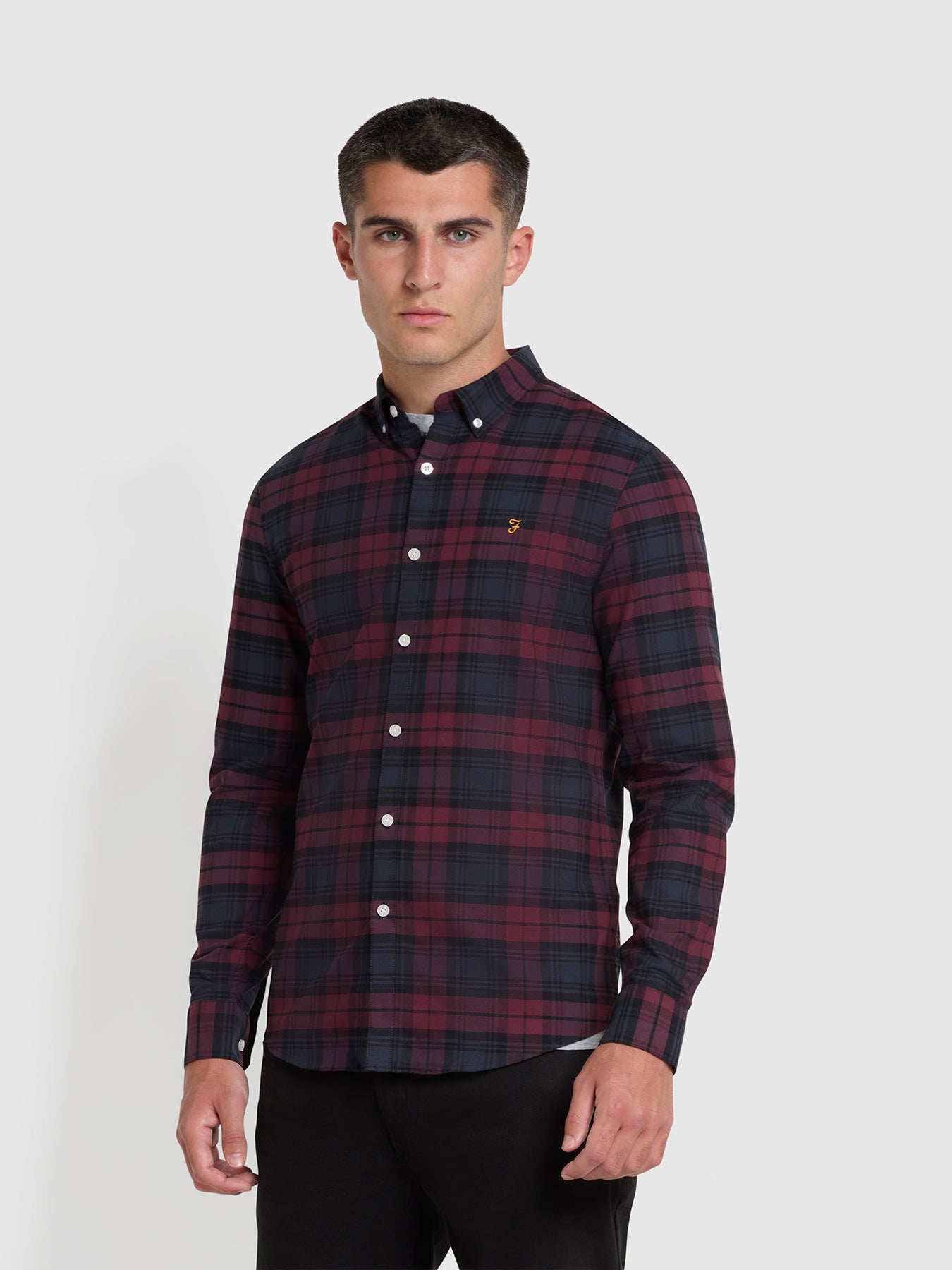 View Brewer Slim Fit Check Organic Cotton Oxford Shirt In Farah Red information