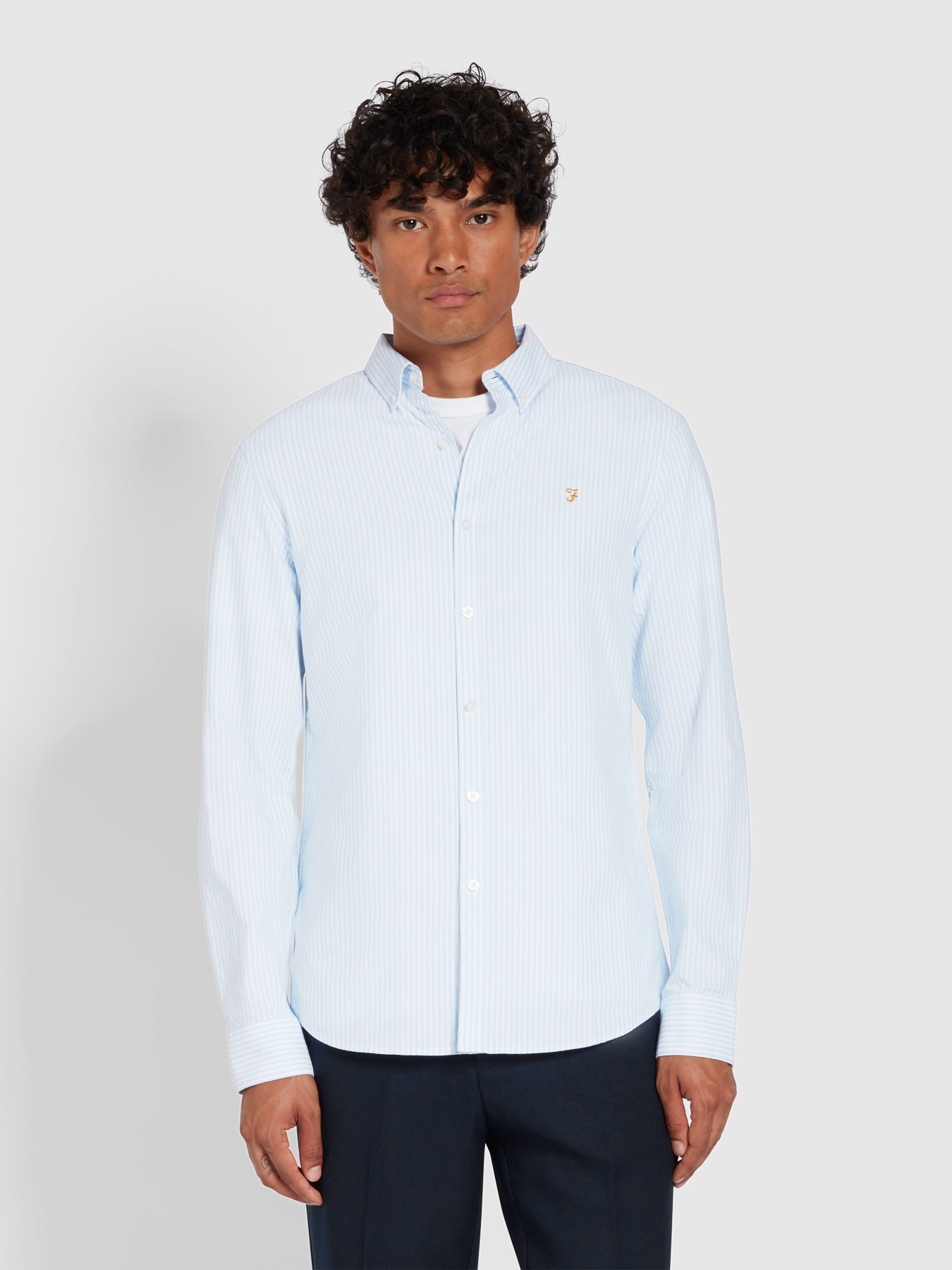 View Brewer Slim Fit Striped Organic Cotton Oxford Shirt In Sky Blue information