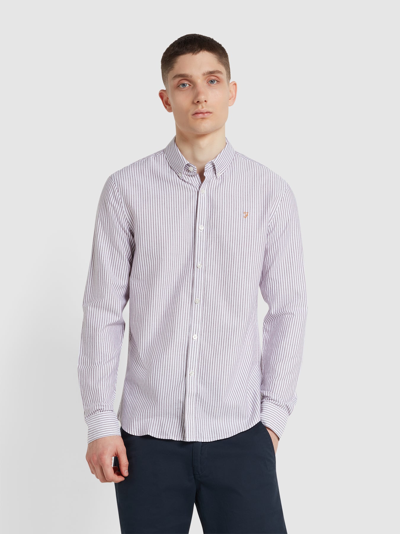View Brewer Slim Fit Striped Organic Cotton Oxford Shirt In Bordeaux information