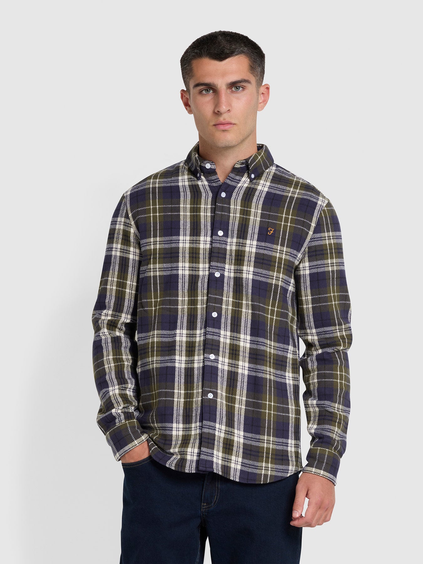 View Greenwood Slim Fit Check Organic Cotton Long Sleeve Shirt In Olive Gre information