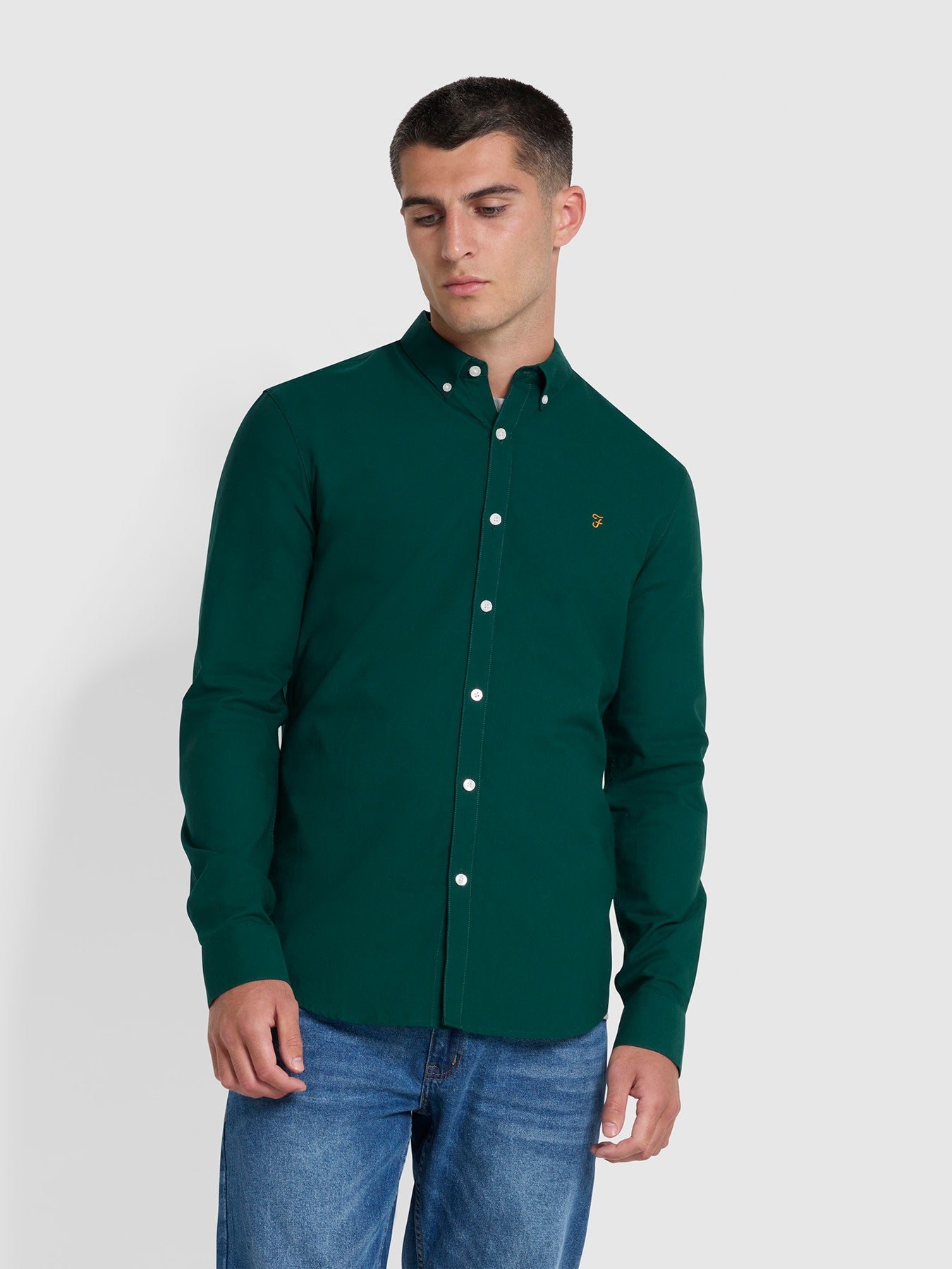 View Brewer Slim Fit Organic Cotton Long Sleeve Shirt In Botanic Green information