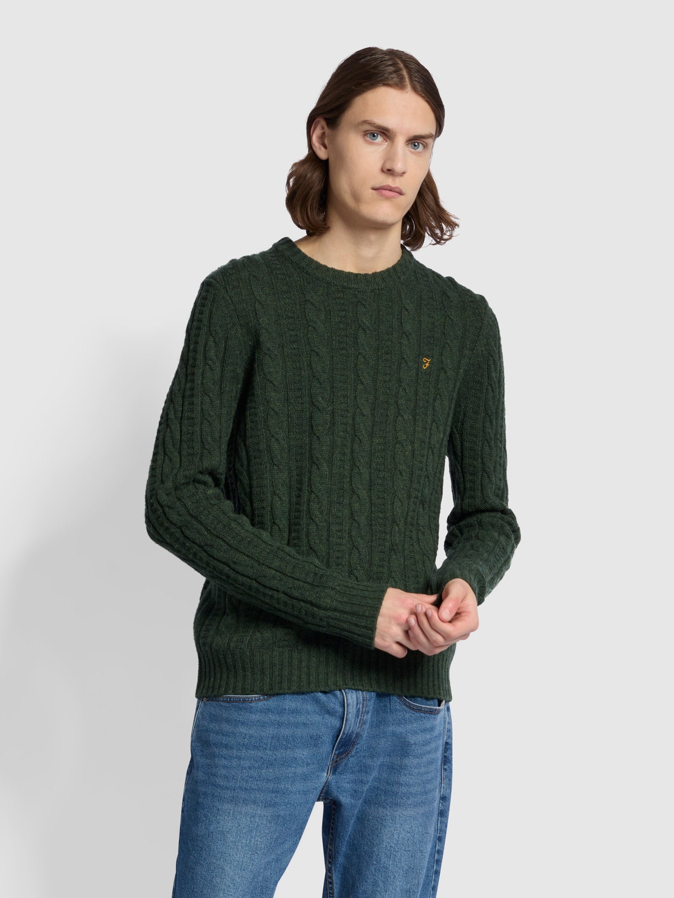 View Saluzzo Regular Fit Cable Crew Neck Sweater In Evergreen information