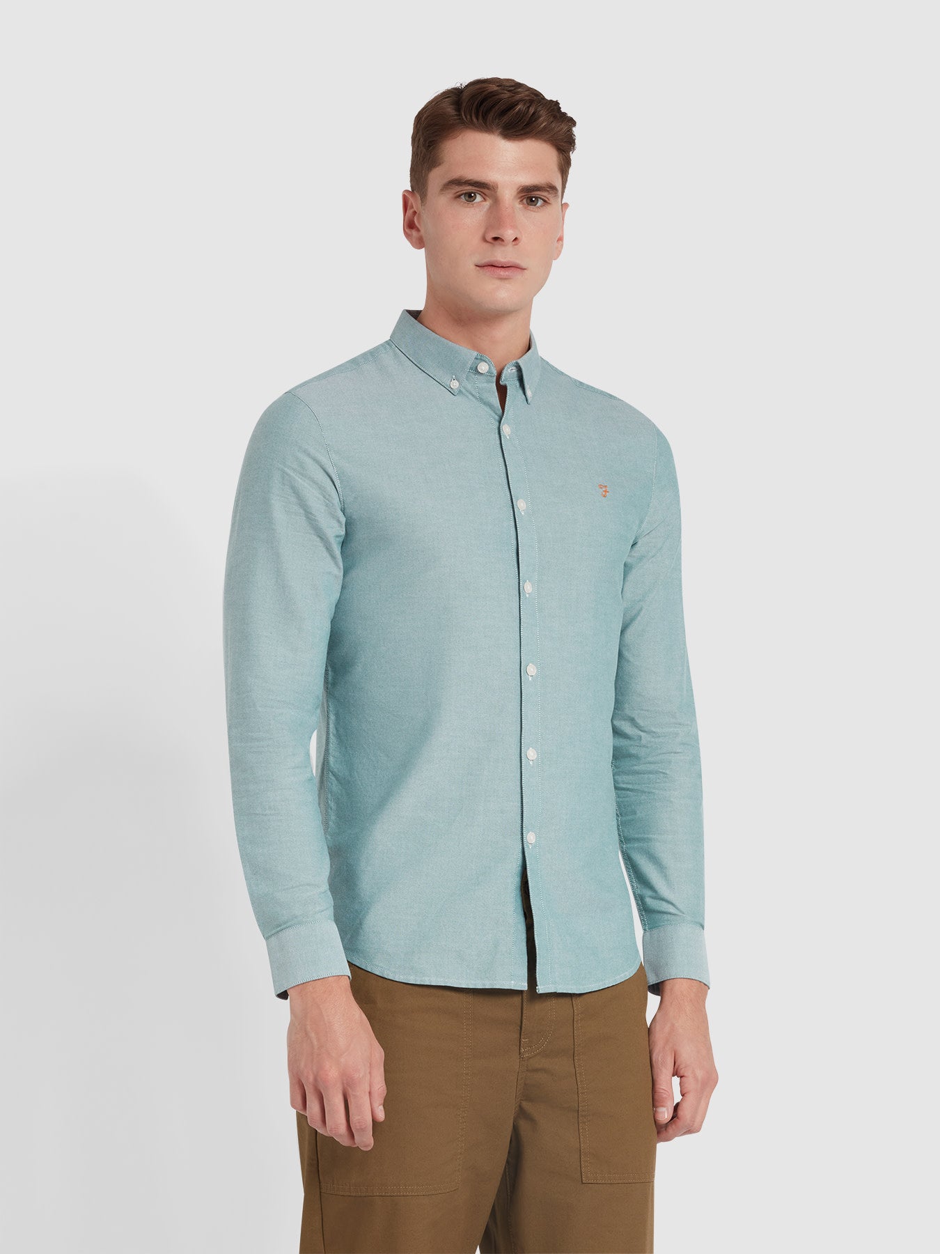 View Farah Brewer Slim Fit Organic Cotton Oxford Shirt In Dark Ocean Green Green Mens information