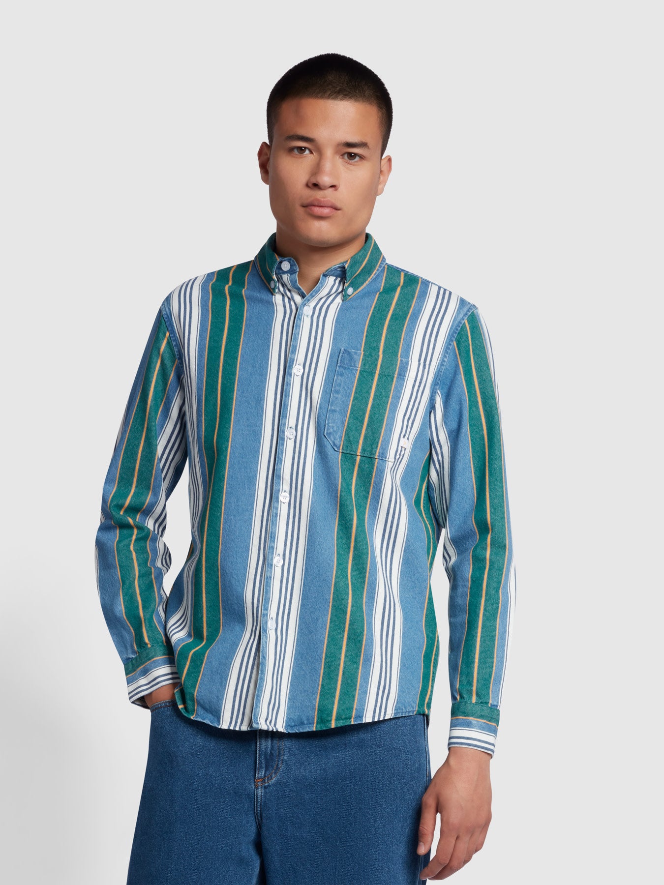 View Umbria Casual Fit Long Sleeve Stripe Denim Shirt In Dark Ocean Green information