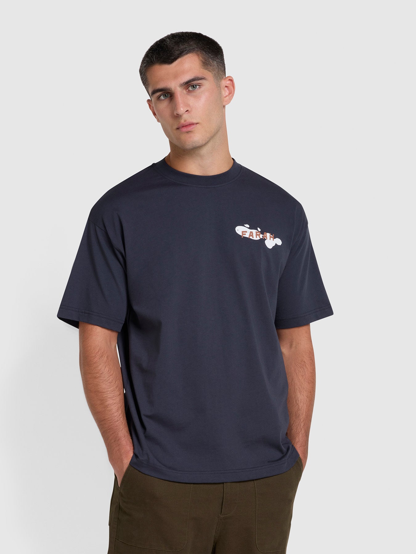 View Farah Guy Graphic Relaxed Fit Organic Cotton TShirt In True Navy Blue Mens information