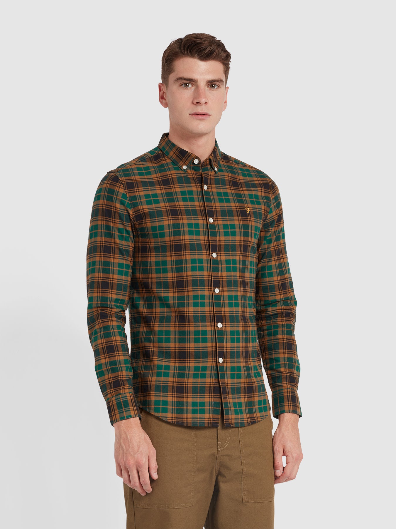 View Farah Brewer Slim Fit Check Organic Cotton Long Sleeve Shirt In Botanic Gree Green Mens information