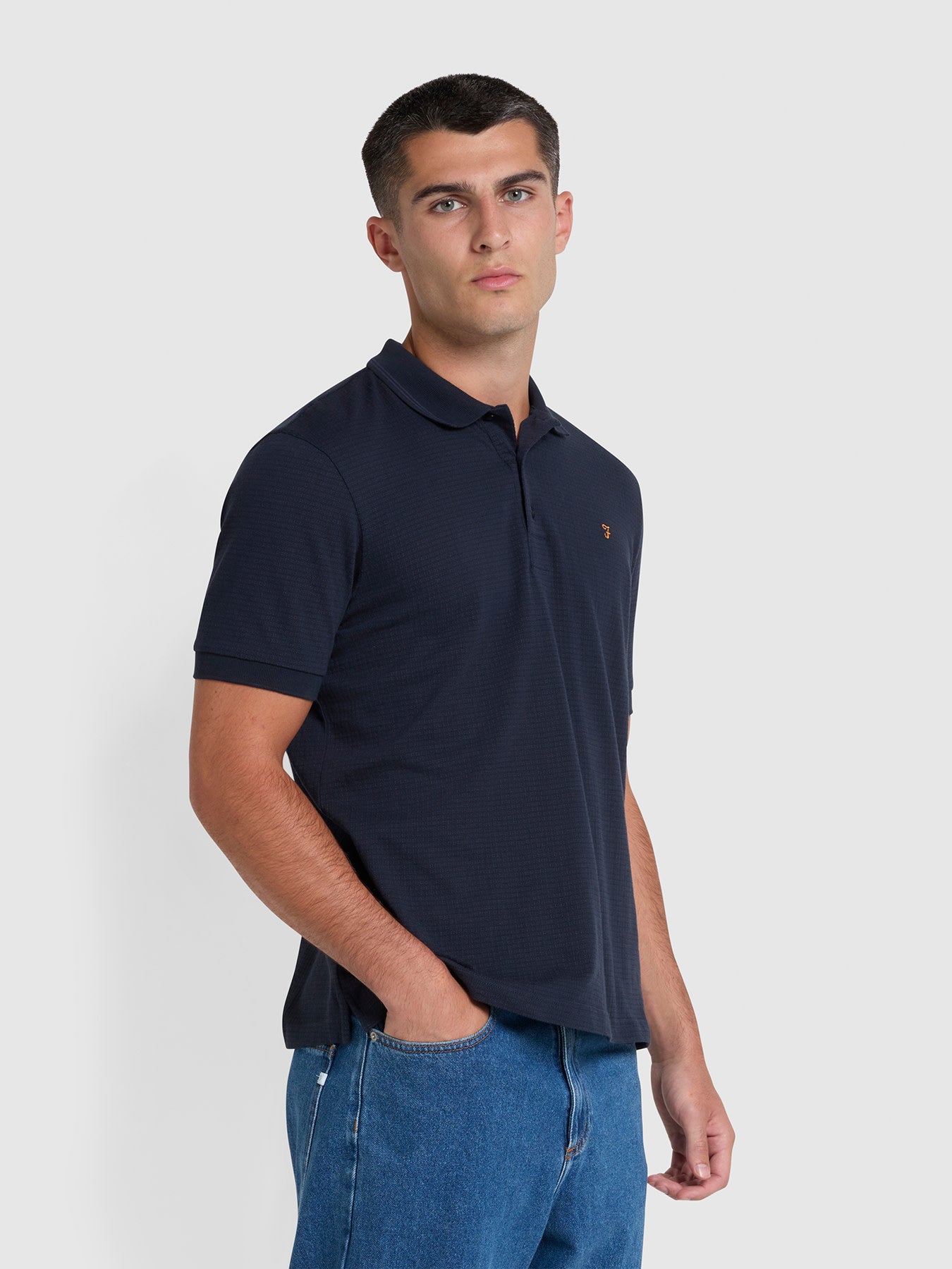 View Volo Organic Cotton Textured Polo Shirt In True Navy information