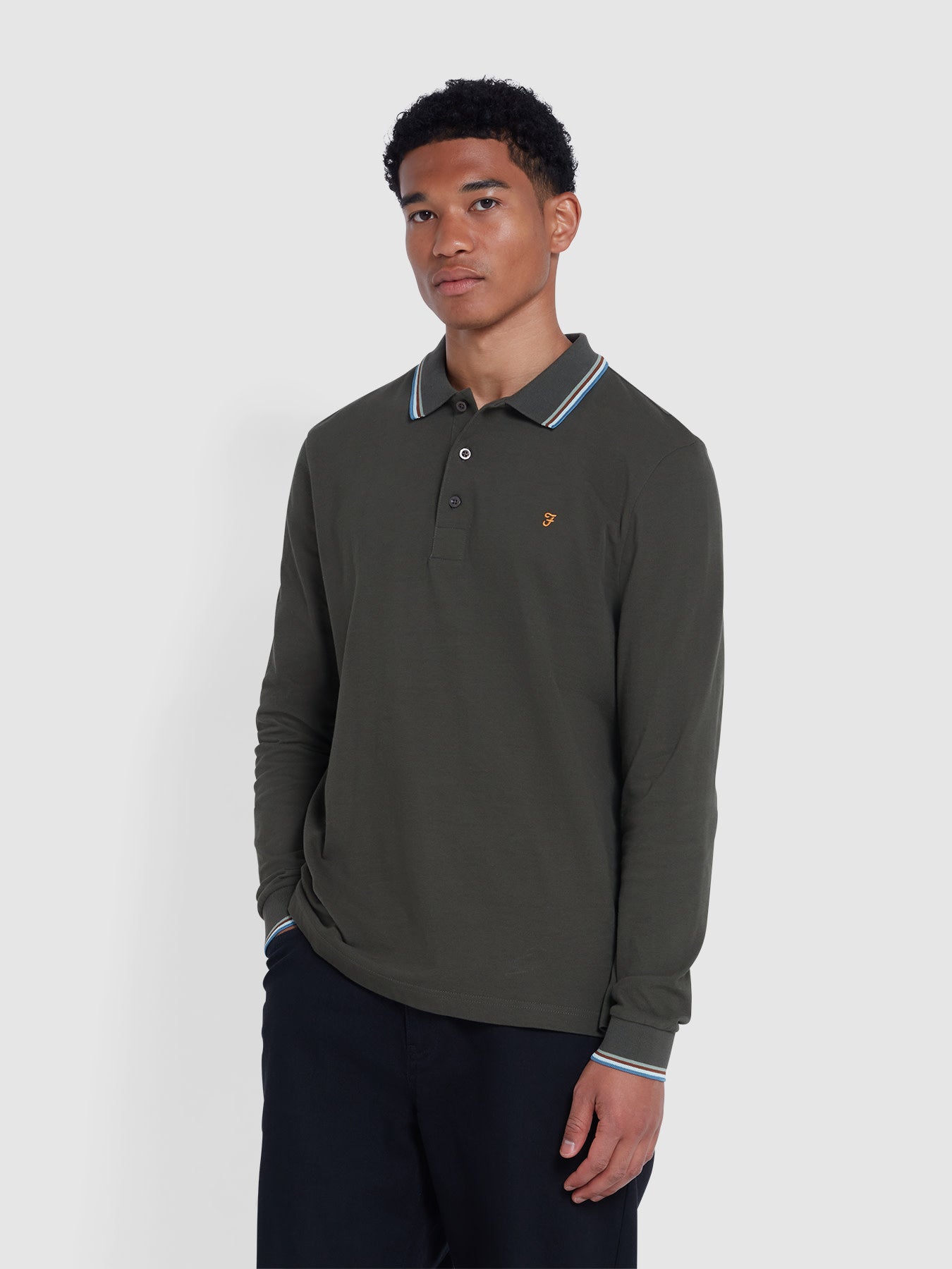 View Farah Alvin Tipped Collar Long Sleeve Polo Shirt In Evergreen Green Mens information