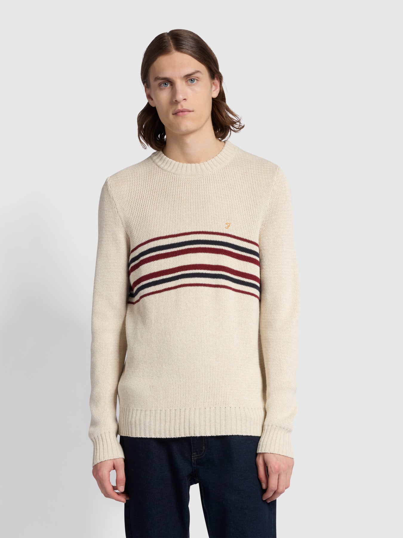 View Lazio Regular Fit Chest Stripe Crew Neck Sweater In Cream information