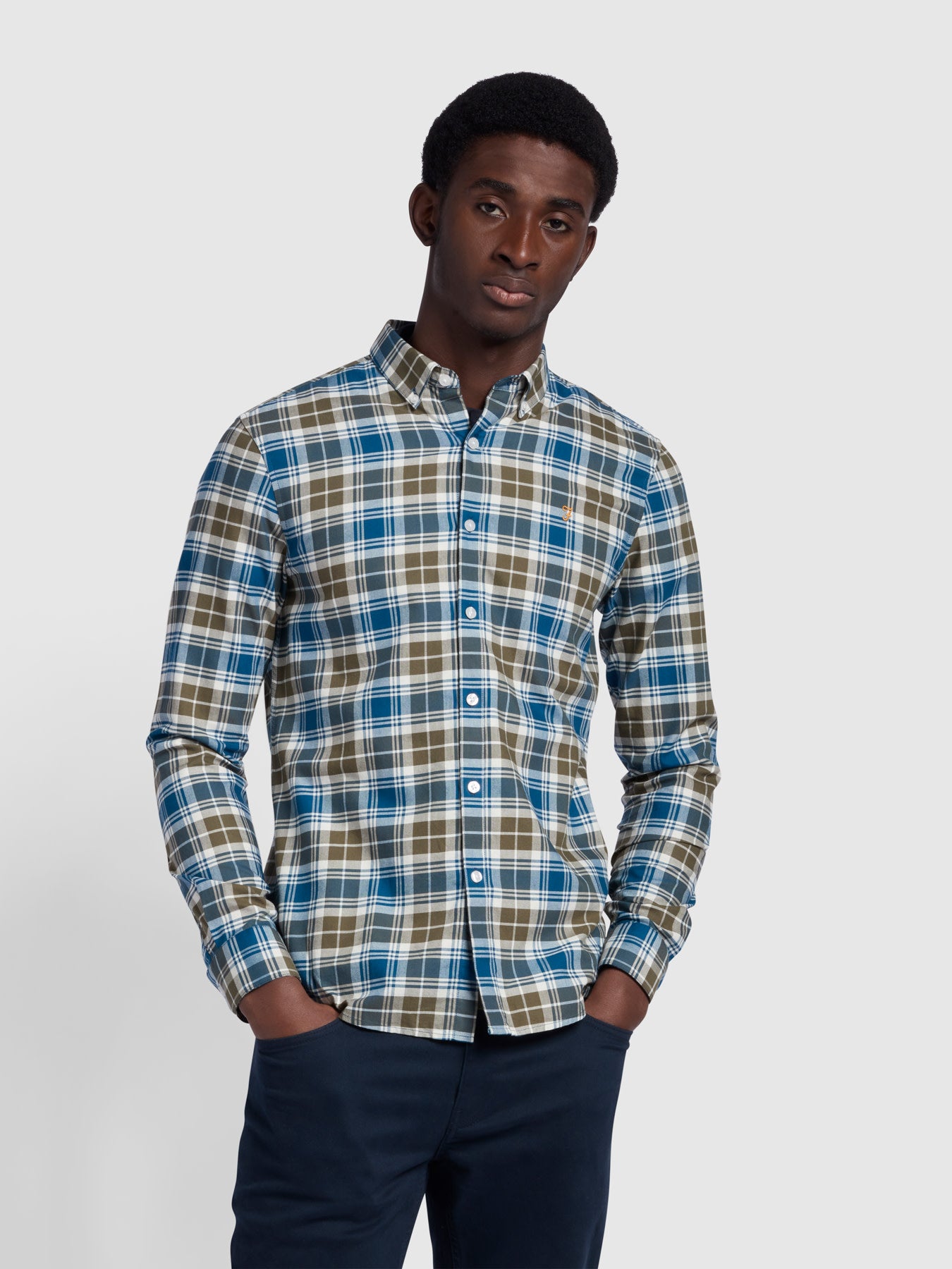 View Brewer Slim Fit Organic Cotton Oxford Check Shirt In Olive Green information