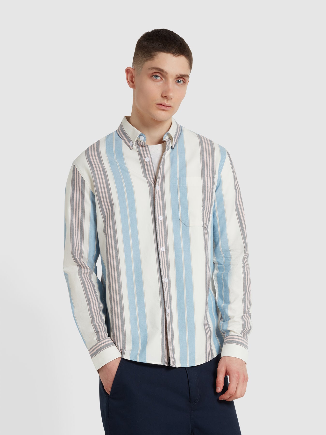 View Farah Millard Long Sleeve Button Down Stripe Shirt In Ecru Beige Mens information